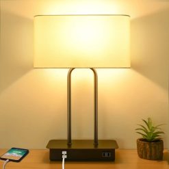 Dimmable Touch Control Table Lamp with 2 USB Ports and AC Power Outlet Modern Bedside Nightstand Lamp Fabric