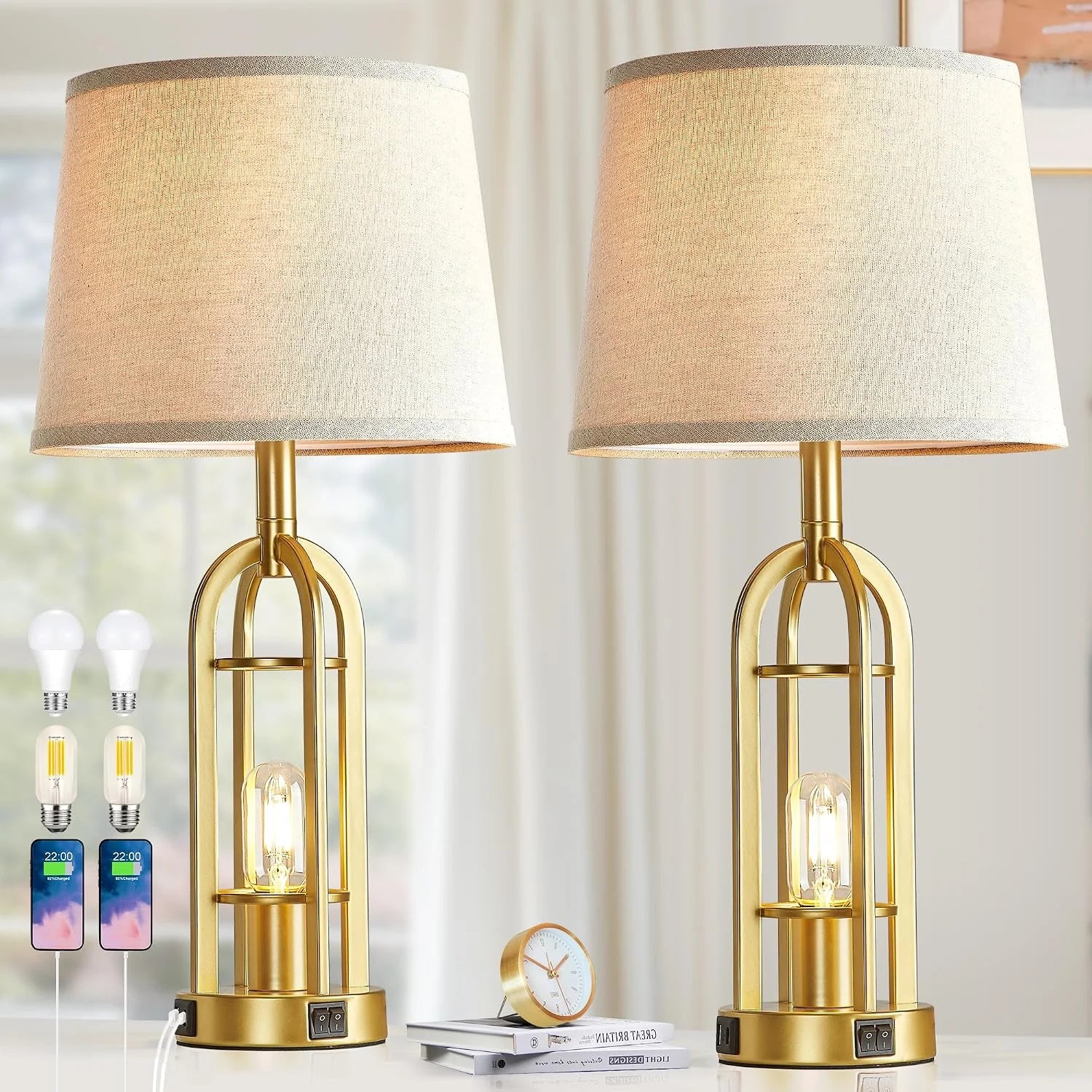 New Arrivals Black Table Lamps for Living Room Set of 2, Farmhouse Lamps for Night Stands with USB A+C