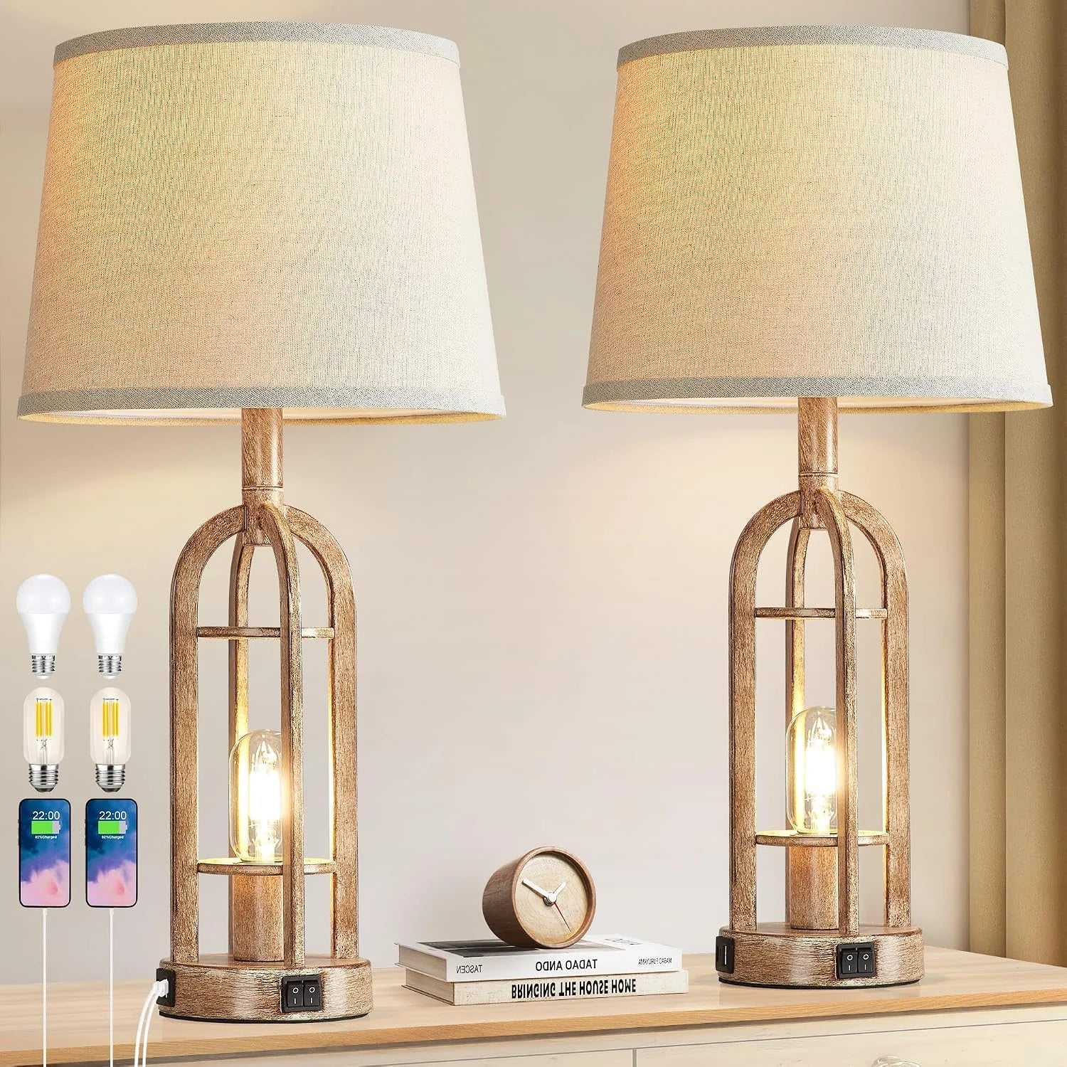 New Arrivals Black Table Lamps for Living Room Set of 2, Farmhouse Lamps for Night Stands with USB A+C - Image 6