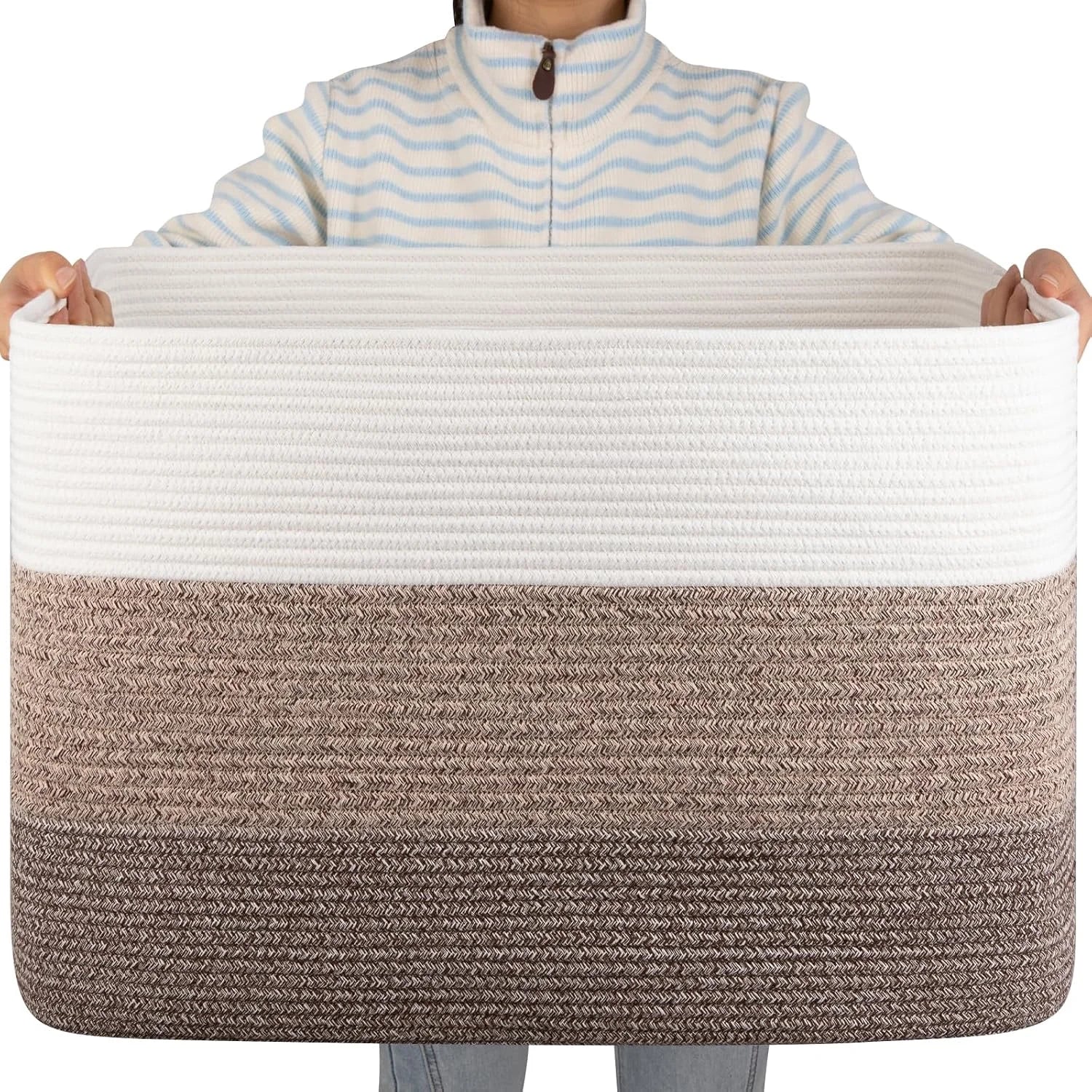 New Arrivals Blanket Basket, 25”x16”x16”(108L) Rectangle Woven Storage Baskets, Cotton Rope Basket For Living Room - Image 4