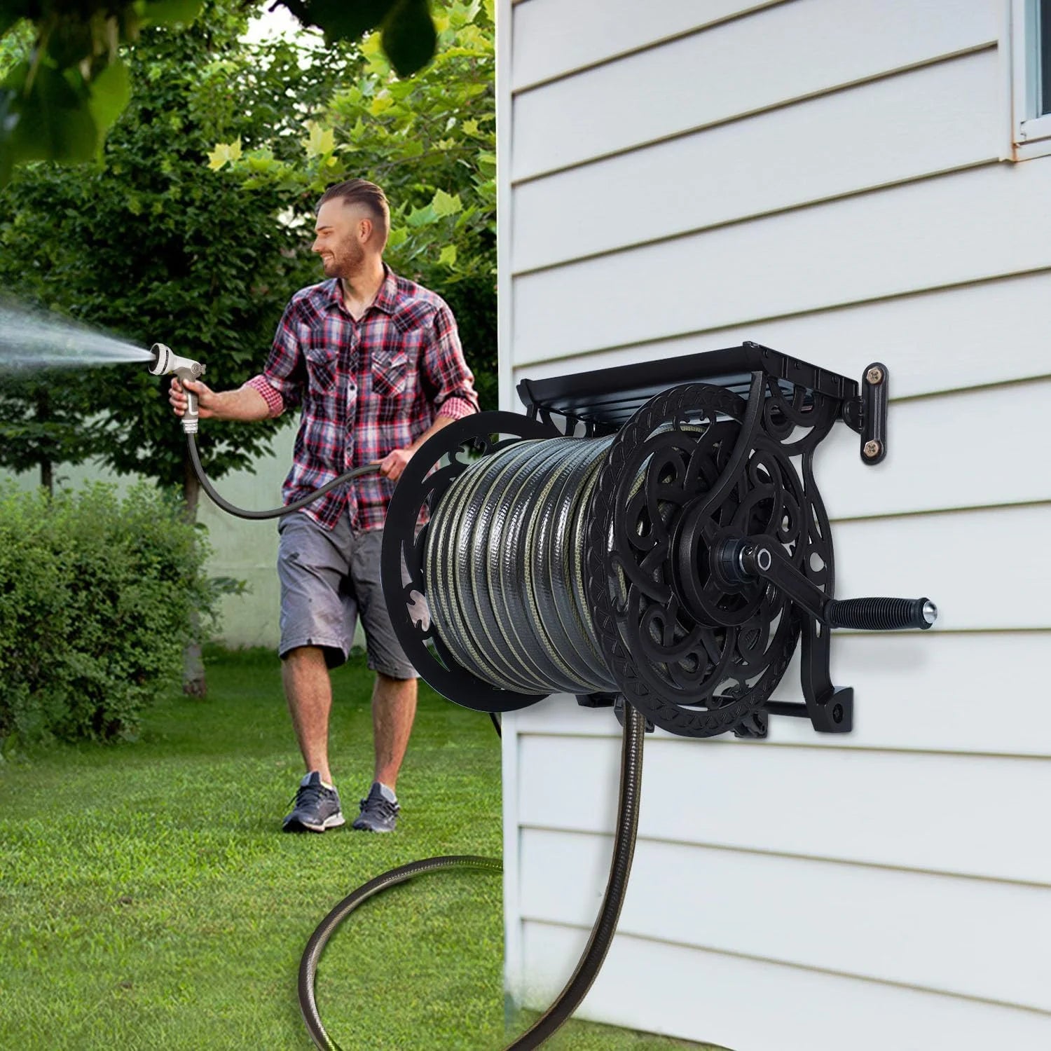 New Arrivals Wall Mount Garden Hose Reel for Outside, Holds 125 ft x 5/8" Hose Storage, Decorative Heavy Duty Water Hose - Image 5