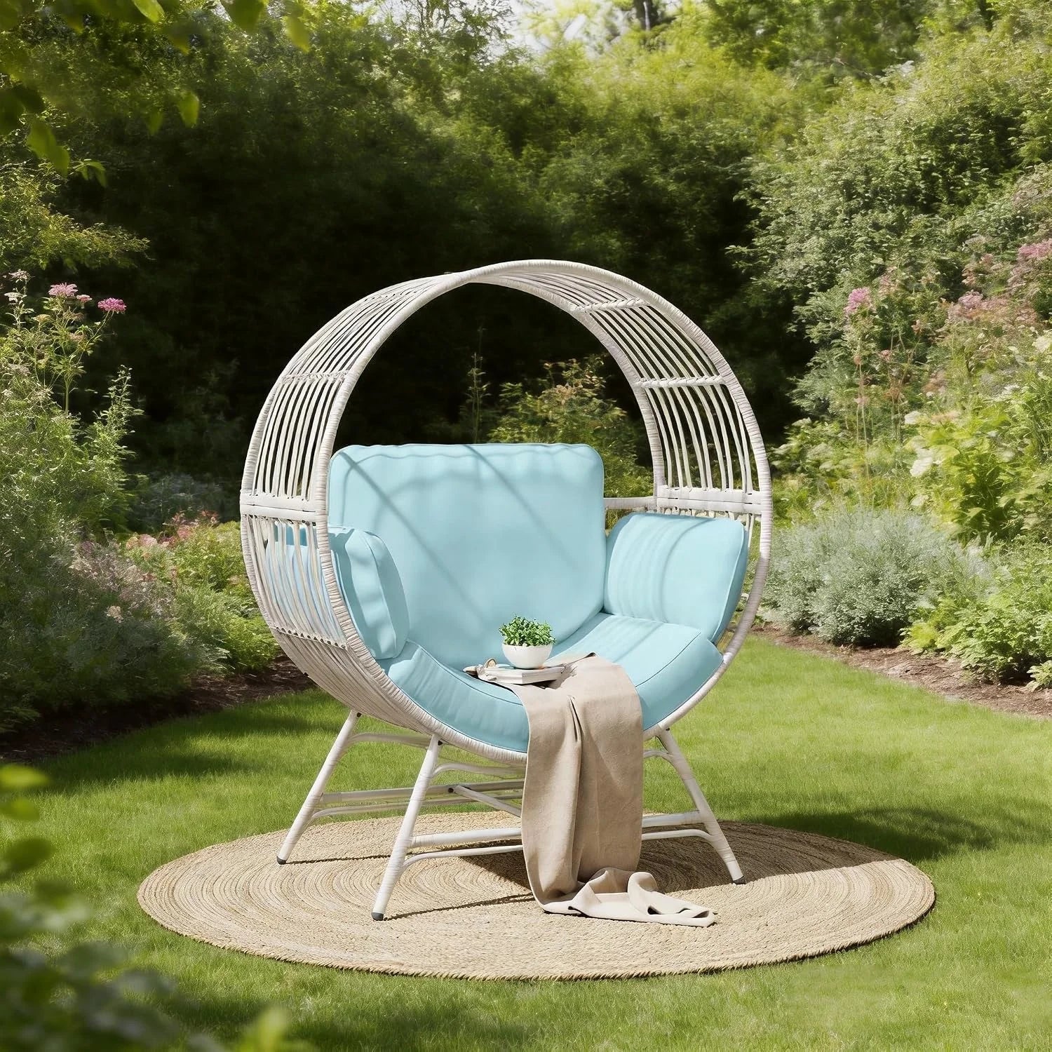 Bifanuo Oversized Egg Chair for Indoor Outdoor Use – Rattan Hanging Basket Chair with Thickened Cushion Supports 350 LBS – Wicker Patio Lounge Chair for Balcony Porch Living Room Backyard (Blue) - Image 4