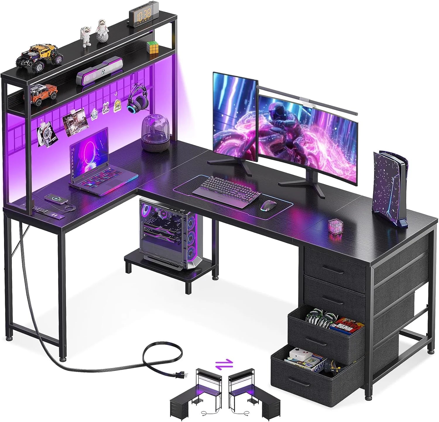New Arrivals L Shaped Desk Gaming Desk with LED Light & Power Outlet, 53 Inch Black Reversible L Shaped Computer Table - Image 5