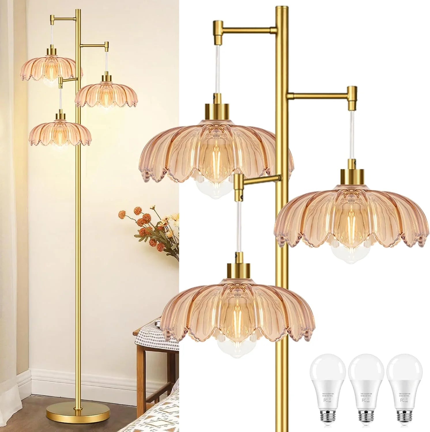 ZECOXOL Vintage Floor Lamp for Living Room Bedroom-3 Light Glass Floor Lamp with Three Led Bulb bifanuoyard - Image 17