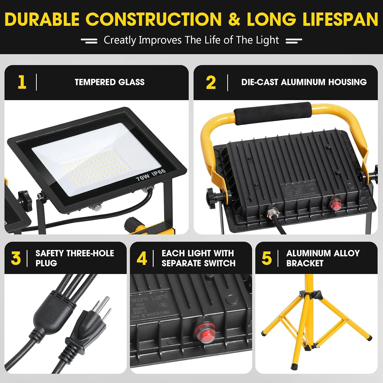 New Arrivals 21000Lumen LED Work Lights with Stand, 3 Head Portable Work Light with 16FT Cord, IP66 Waterproof Tripod - Image 6