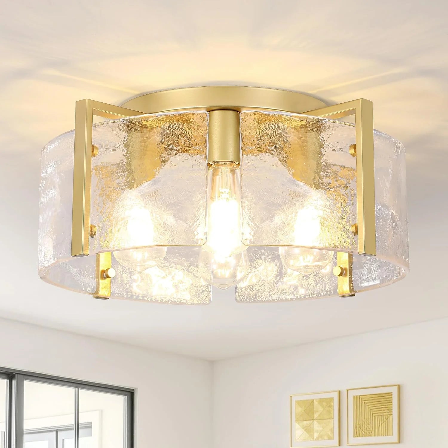 Modern Gold Semi Flush Mount Ceiling Light, Dimmable, 3-Light Farmhouse Glass Drum Light Fixture - Image 6