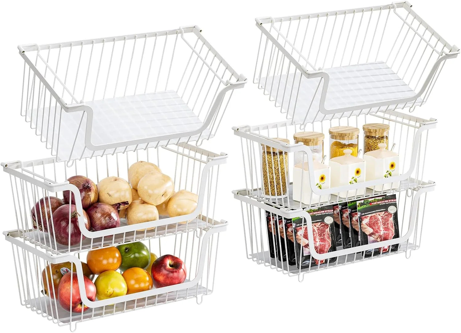 Stackable Wire Baskets Pantry Organizers and Storage Bins, Black, Breathable Metal Design with Rotating - Image 8