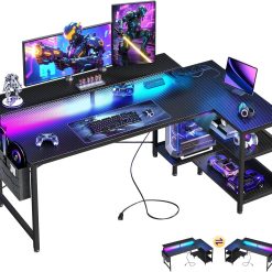 New Arrivals 48 Inch Gaming Desk with USB Charging Ports and LED Lights, Reversible L Shaped Computer Desk with Storage Shelves