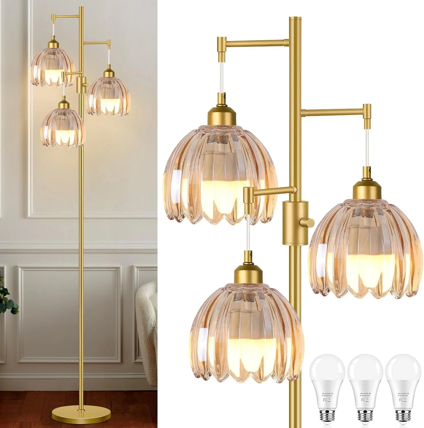 ZECOXOL Vintage Floor Lamp for Living Room Bedroom-3 Light Glass Floor Lamp with Three Led Bulb bifanuoyard - Image 10