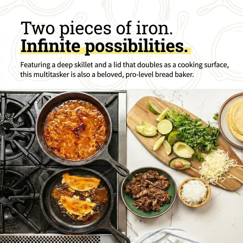Cast Iron Combo Cooker, PFAS-Free 2-in-1 3.2 Quart Deep Pot and 10.25 Inch Skillet Set - Image 3