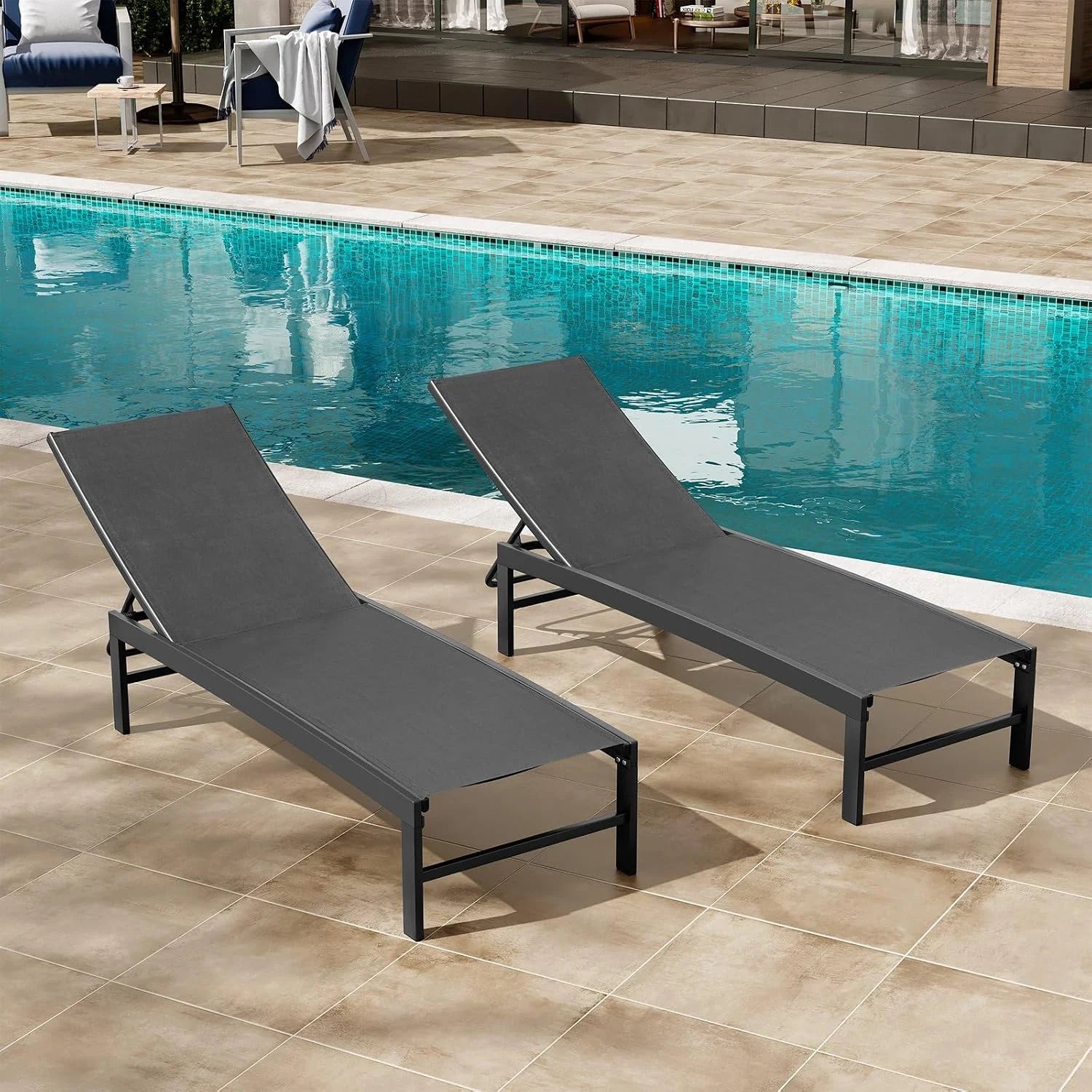 New Arrivals Products Lounge Chair Outdoor Set of 2, Metal Pool Chaise Lounge Chairs, Adjustable Five-Position Tanning - Image 5
