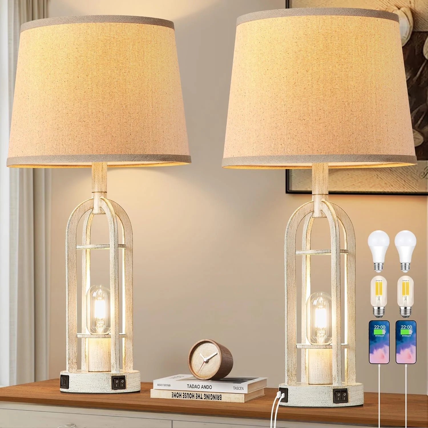New Arrivals Black Table Lamps for Living Room Set of 2, Farmhouse Lamps for Night Stands with USB A+C - Image 5