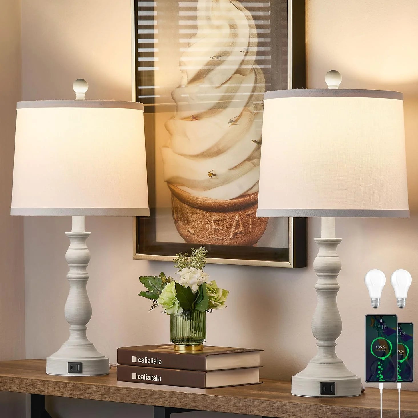 New Arrivals 23” Farmhouse Table Lamps for Living Room Set of 2 with USB C+A Ports, 3-Color Temperature, Bulb Included - Image 5