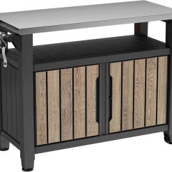 Keter Unity XL Outdoor Entertainment Cart with Wood鈥慙ook Finish, 78鈥慓allon Patio Storage Cabinet, Food Prep Station
