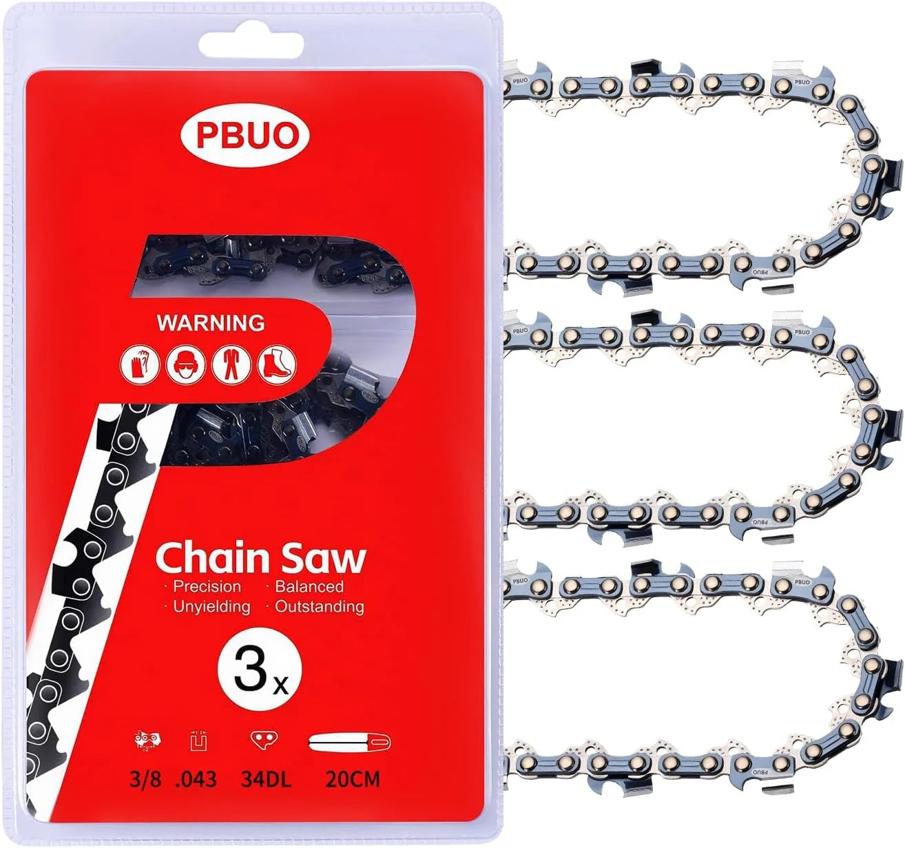 PBUO 16 Inch Chainsaw Chain Replacement, 3/8 LP Pitch .050 Gauge 56 Drive Links, Fits Poulan 400E, Semi-Chisel Low-Kickback Design, 3 Pack - Image 2