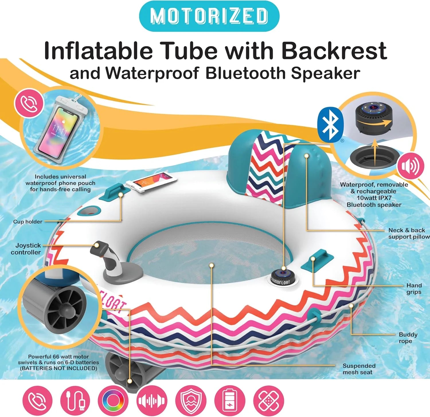 Living Motorized Inflatable Pool Float Lounger Tube, Bluetooth 5 IPX7 Waterproof Speaker, 66W Motor - Image 2