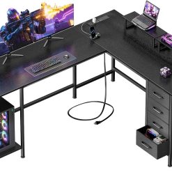 Alternative view of Korfile 59 inch L Shaped Computer Desk with Power Outlets, Home Office Desk with 4 Adjustable Storage Drawers & 2 bifanuoyard