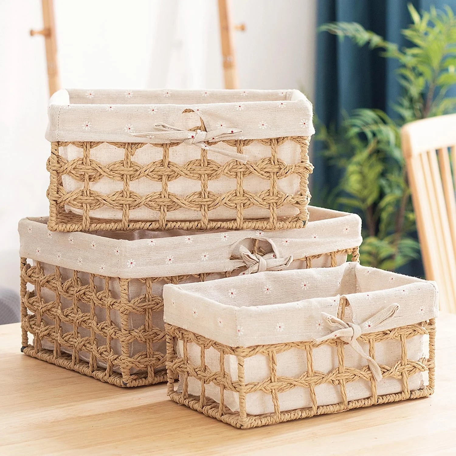 Small Wicker Woven Storage Baskets for Organizng with Liners, Set of 3, Braided Paper Rope, Decorative Cute bifanuoyard - Image 3
