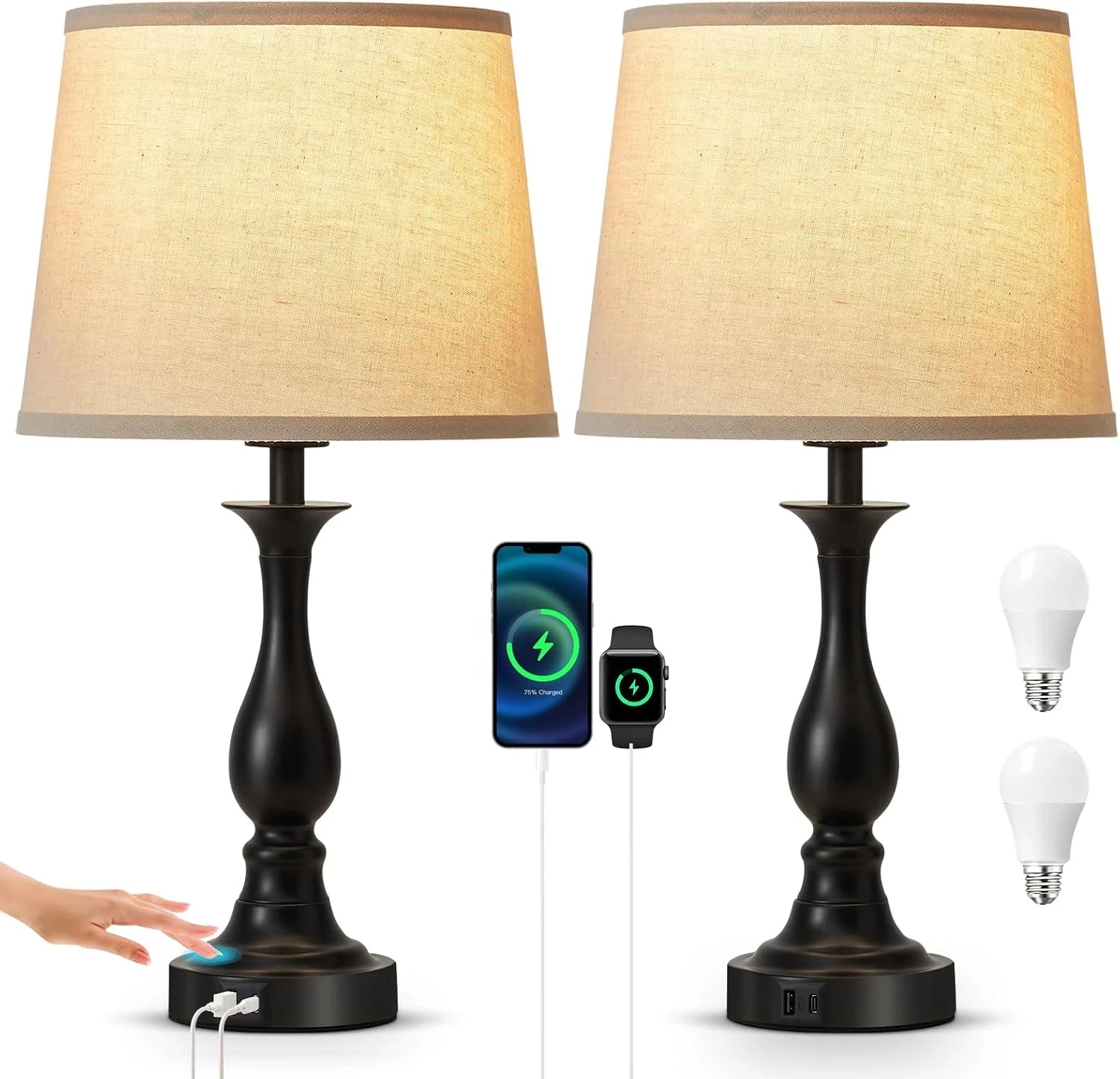 Bedside Table Lamp Touch Control Bedroom Lamps with USB A and C Charging Port 3 Way Dimmable Touch Lamps for Nightstand bifanuoyard - Image 3
