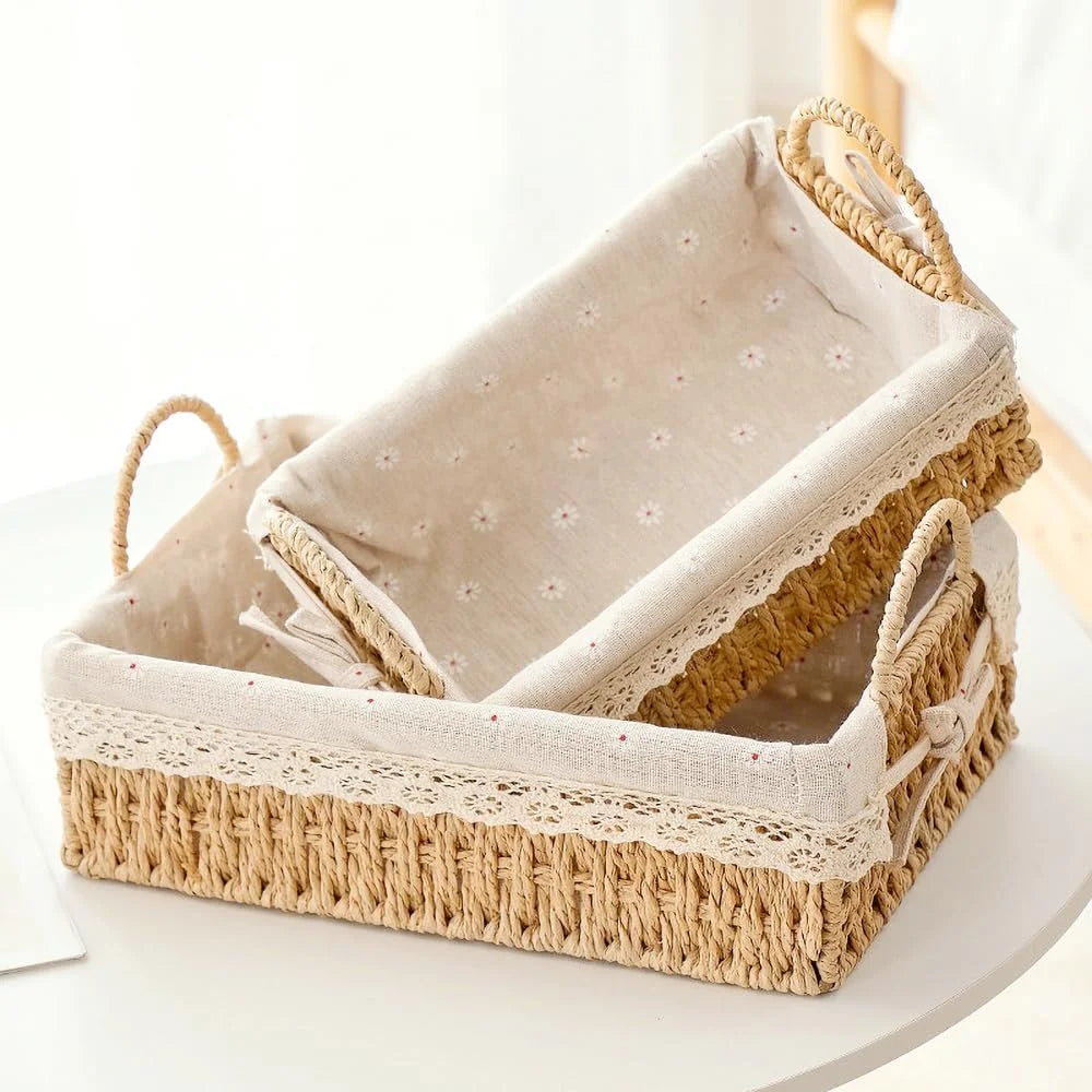 Small Wicker Woven Storage Baskets for Organizng with Liners, Set of 3, Braided Paper Rope, Decorative Cute bifanuoyard - Image 2