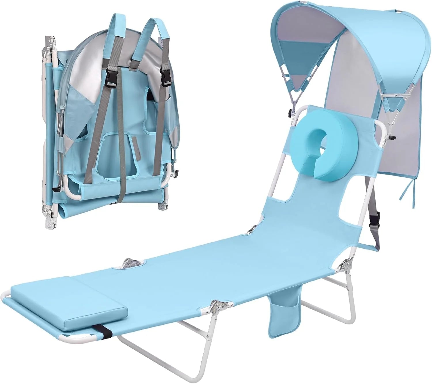 New Arrivals Beach Tanning Lounge Chair with Canopy Shade Face Hole Padded Adjustable Washable, 6 Position Layout Chair - Image 6