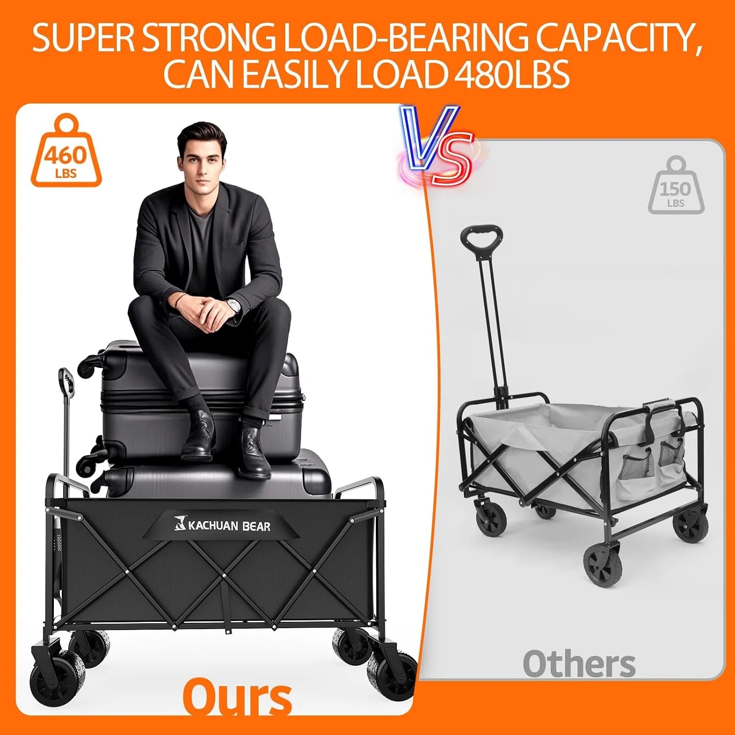 300L Wagons Carts Foldable Collapsible with Big All-Terrain Beach Wheels - Image 3