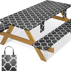 New Arrivals Fitted Waterproof Picnic Table Cover with Bench Covers Heavy Duty Elastic Outdoor Camping Tablecloth for 6 Foot Rectangle Tables Summer