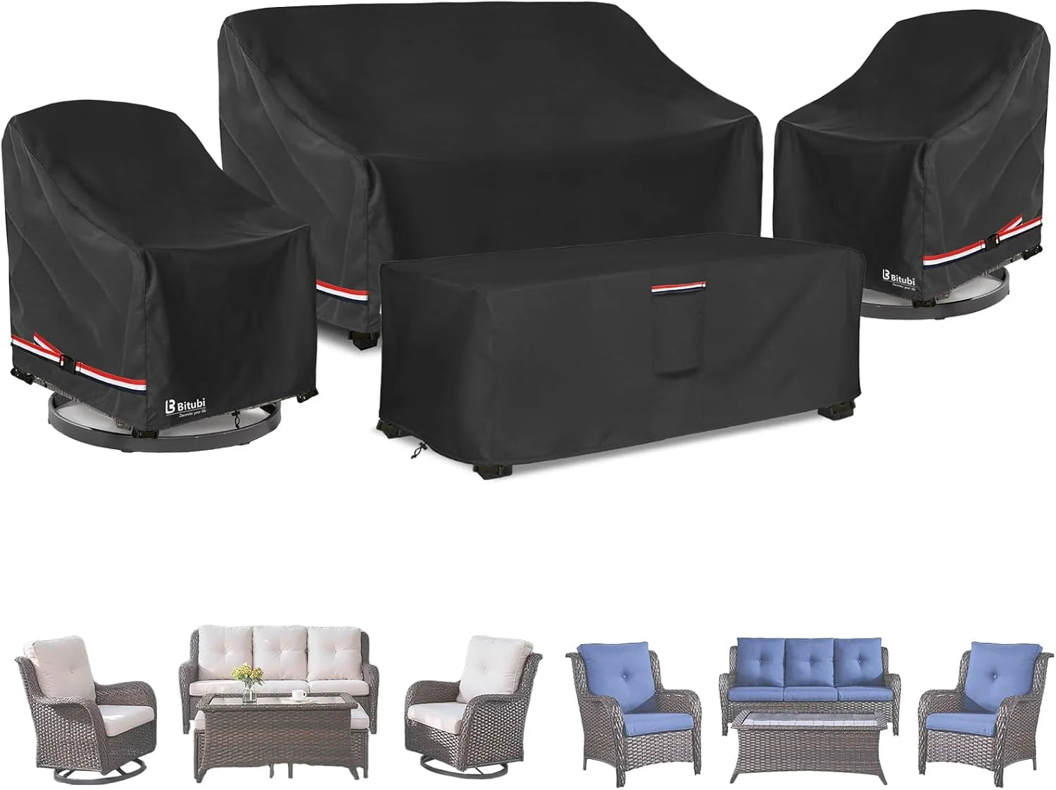 Bitubi Outdoor Waterproof Patio Furniture Covers 4-Piece Set for Swivel Rocker Chairs, Patio 3-Seater Sofa 76in - Image 5