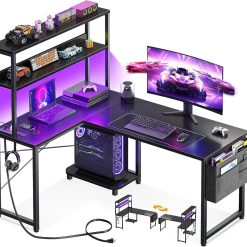 New Arrivals L Shaped Desk Gaming Desk with LED Light & Power Outlet, 53 Inch Black Reversible L Shaped Computer Table