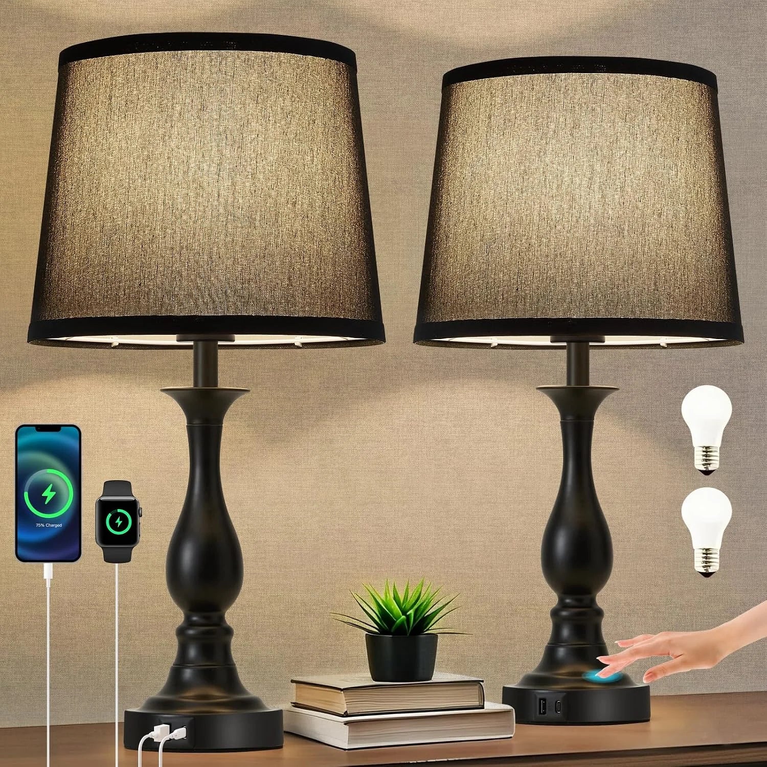 Bedside Table Lamp Touch Control Bedroom Lamps with USB A and C Charging Port 3 Way Dimmable Touch Lamps for Nightstand bifanuoyard - Image 7