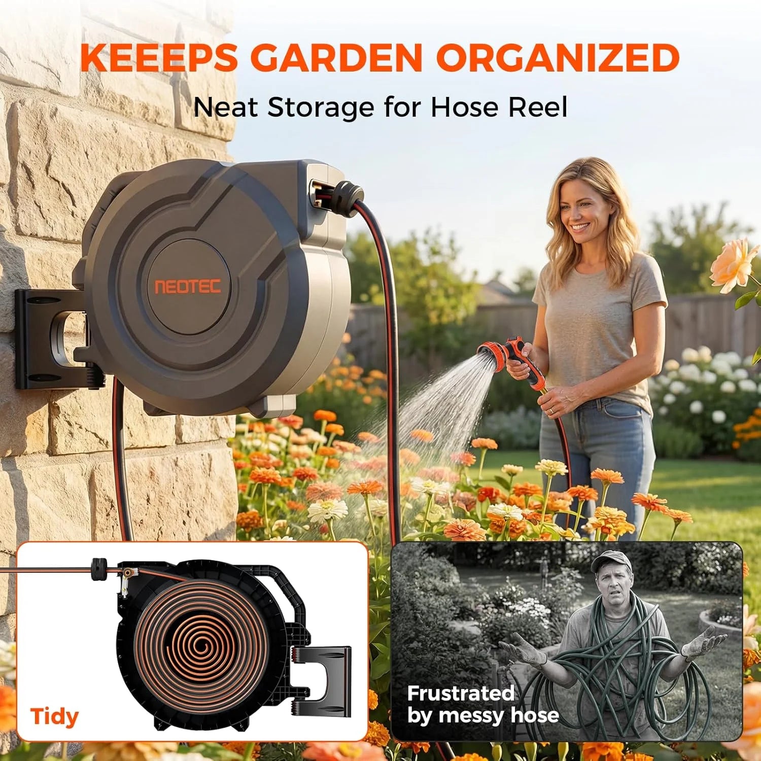 New Arrivals Retractable Garden Hose Reel 5/8 inch x 100 ft Wall-Mounted 9 Pattern Nozzle Any Length Lock Automatic Slow - Image 2