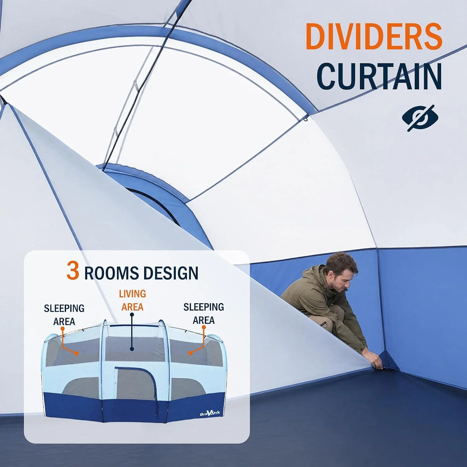 Camping Tent for 8 Person, PU3000MM Waterproof Family Tent with Rainfly, Large Roomy 3 Room Camping Tents - Image 3