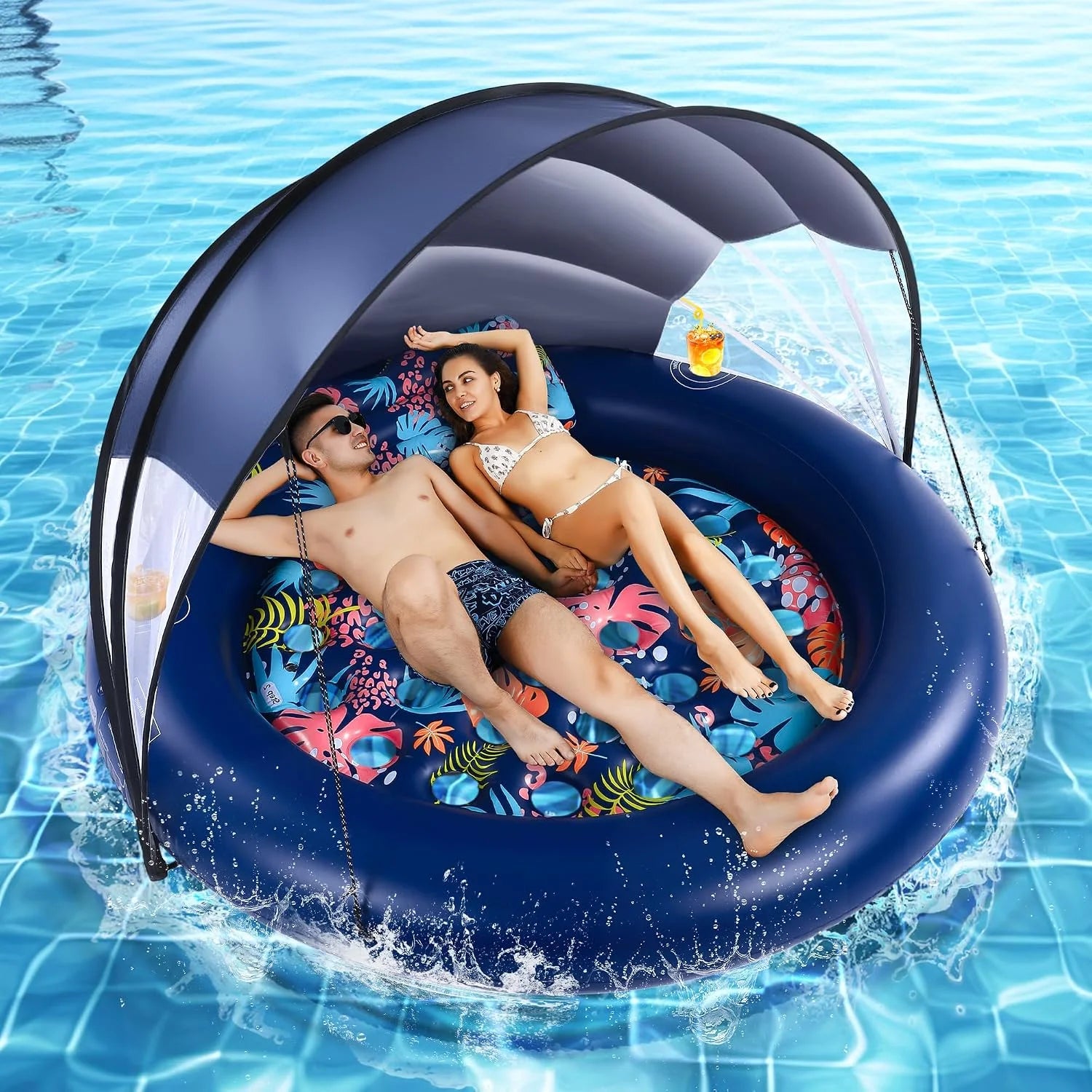 2-Person Pool Floats Adult Heavy Duty, Giant 75X75 Inflatable Tanning Pool Mats with Cup Holders bifanuoyard - Image 2