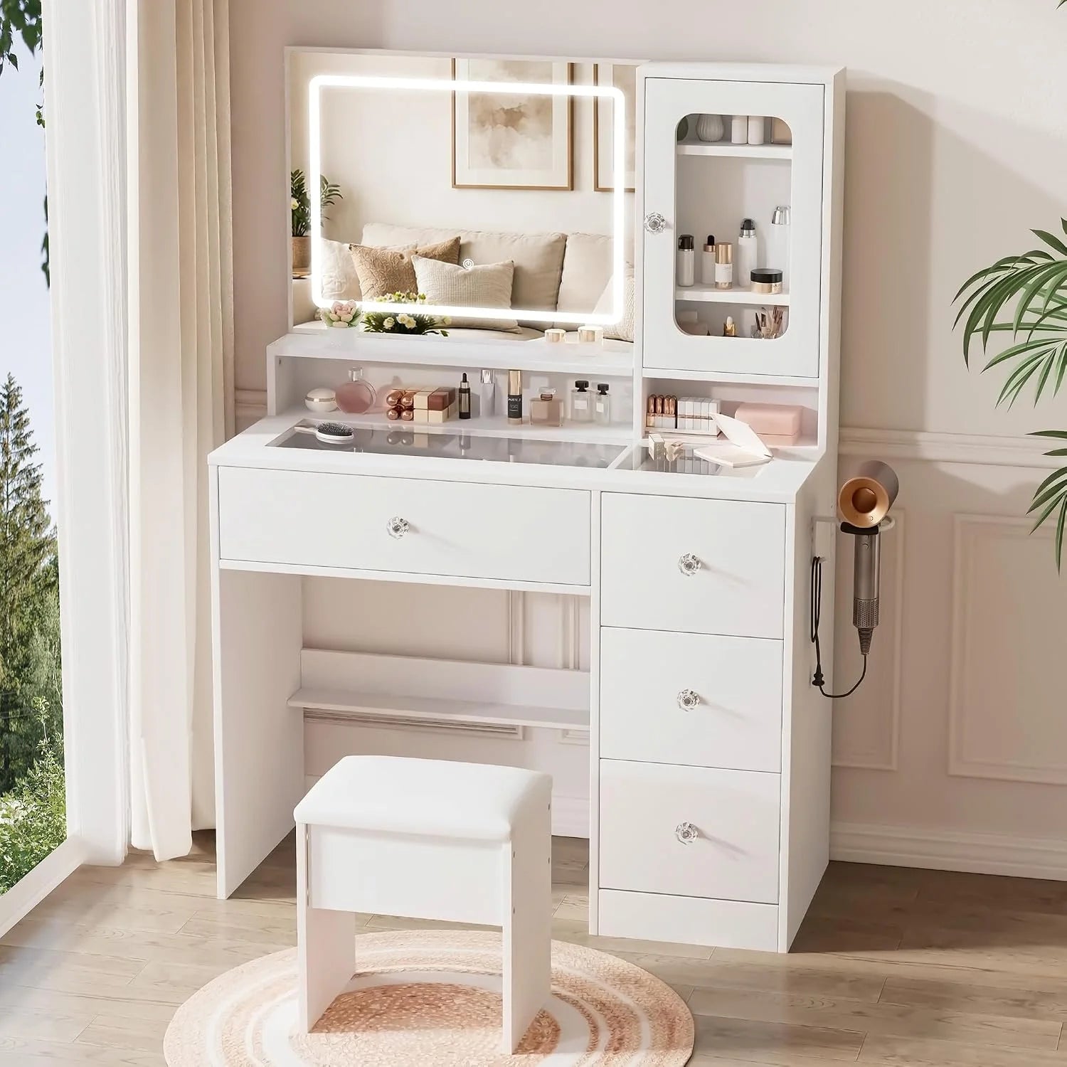 New Arrivals White Makeup Vanity Desk with Charging Station & 4 Drawers, Smart LED Mirror - Image 3