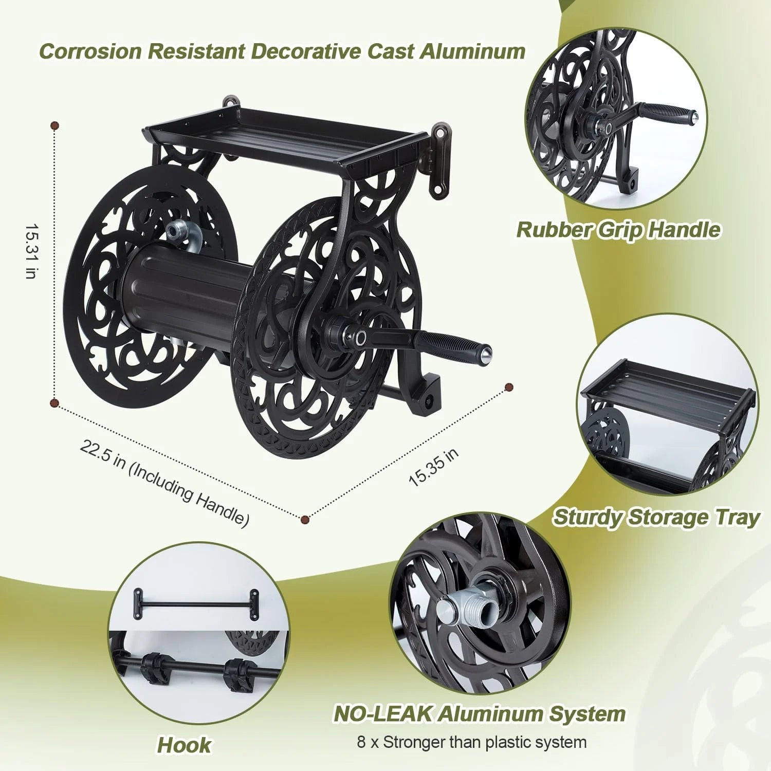 New Arrivals Wall Mount Garden Hose Reel for Outside, Holds 125 ft x 5/8" Hose Storage, Decorative Heavy Duty Water Hose - Image 7