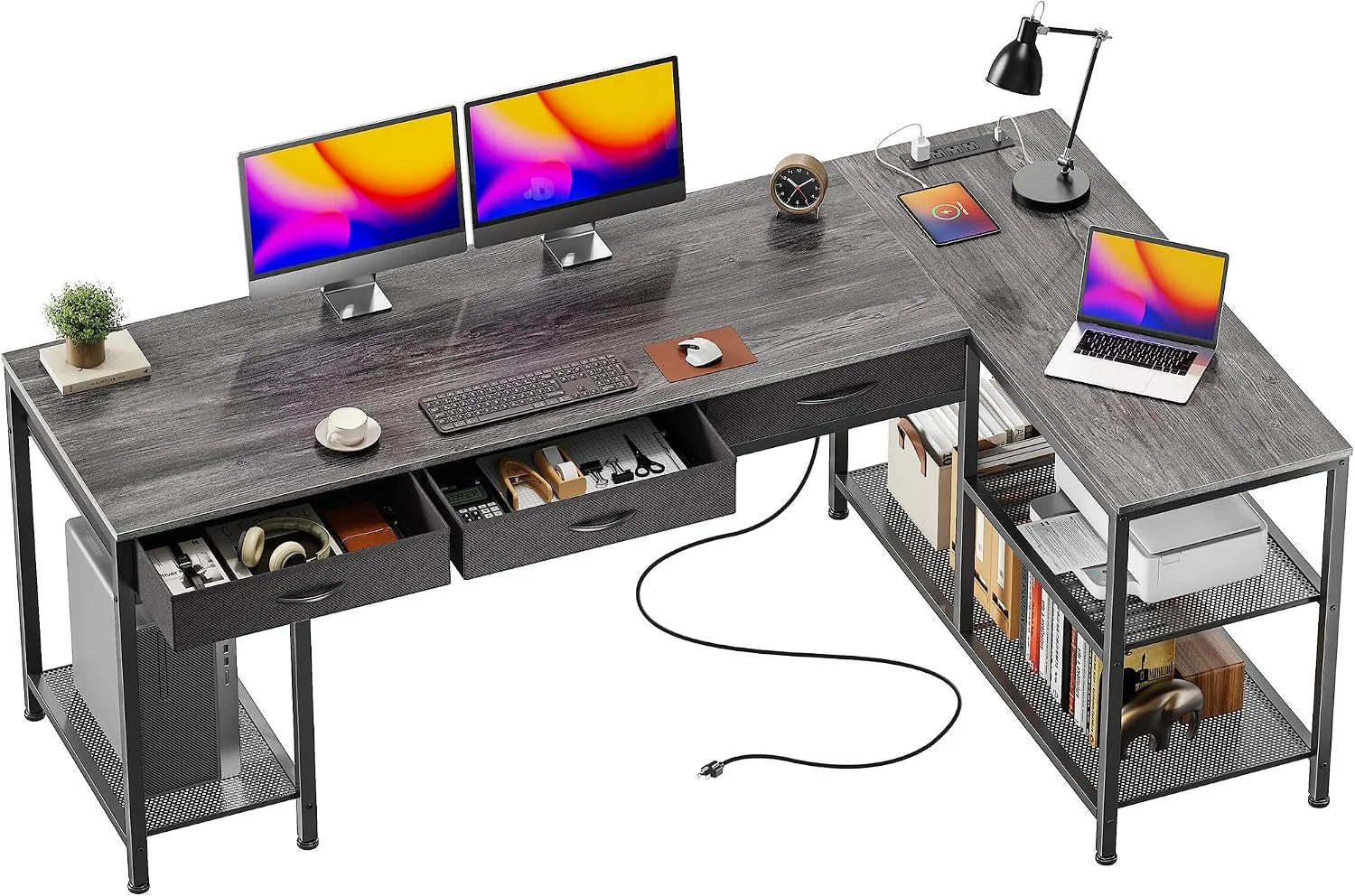 New Arrivals 55 Inch L Shaped Office Desk with Power Outlets and Type-C Port, Large Computer Gaming Desk with 3 Fabric - Image 7