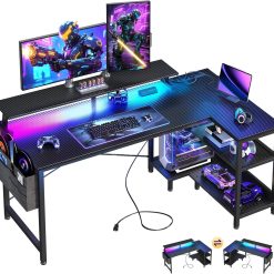 Alternative view of New Arrivals 48 Inch Gaming Desk with USB Charging Ports and LED Lights, Reversible L Shaped Computer Desk with Storage Shelves
