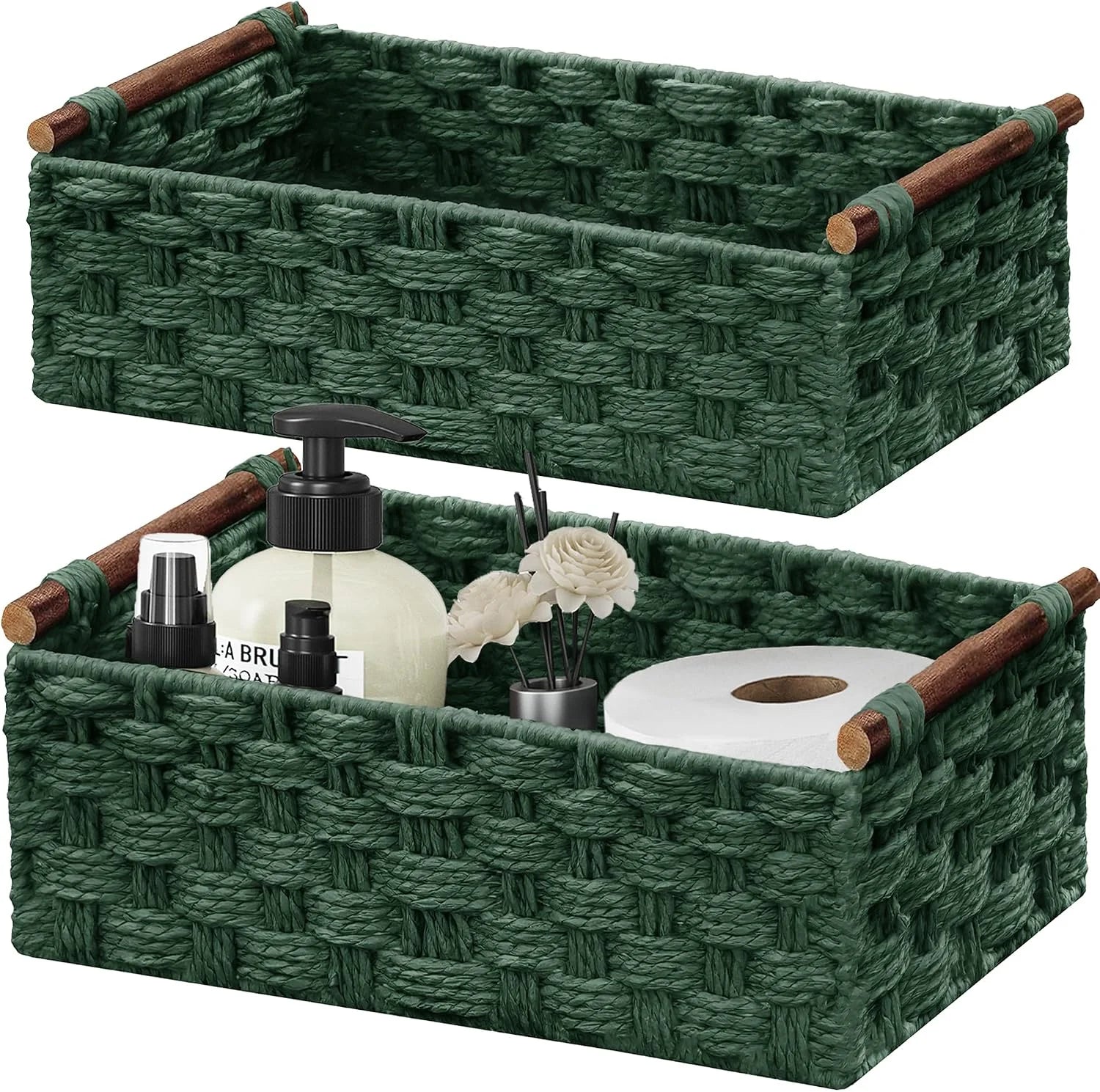 New Arrivals Storage Basket, Set of 2 Hand-Woven Paper Rope Wicker Basket for Organizing with Handle Decorative Storage - Image 4