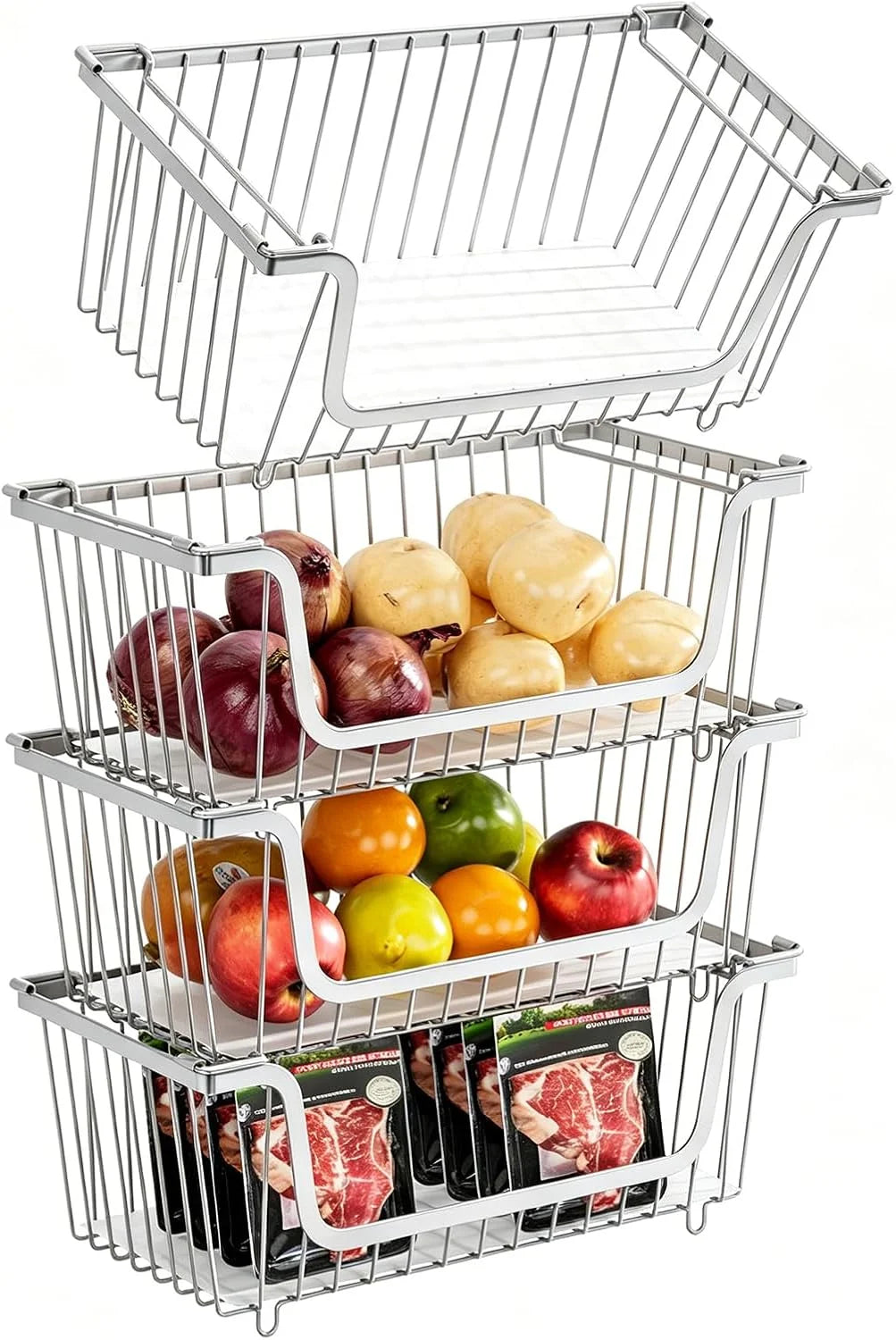 Stackable Wire Baskets Pantry Organizers and Storage Bins, Black, Breathable Metal Design with Rotating