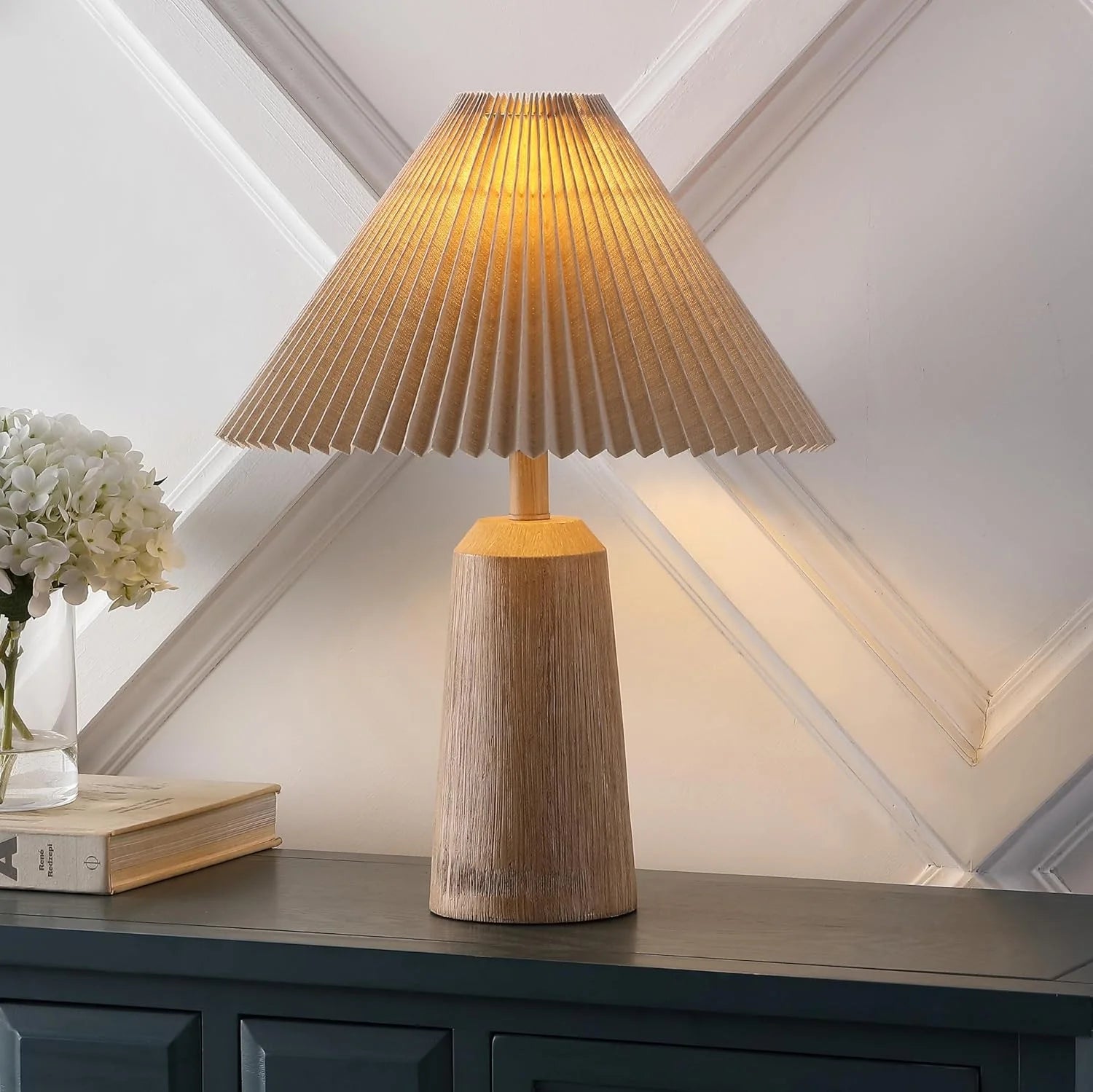 New Arrivals Y 20.5 Beige Wood Finish Resin Cylinder Table Lamp Modern Rustic Scandinavian Bedside Lamp for Living Room - Image 3