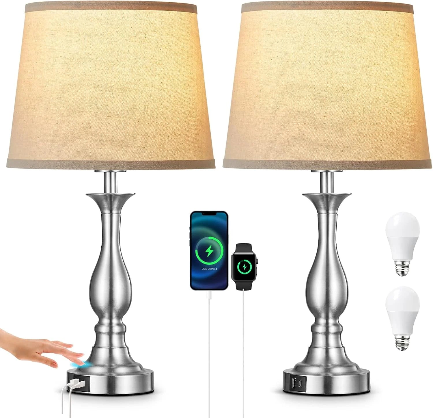 Bedside Table Lamp Touch Control Bedroom Lamps with USB A and C Charging Port 3 Way Dimmable Touch Lamps for Nightstand bifanuoyard - Image 2