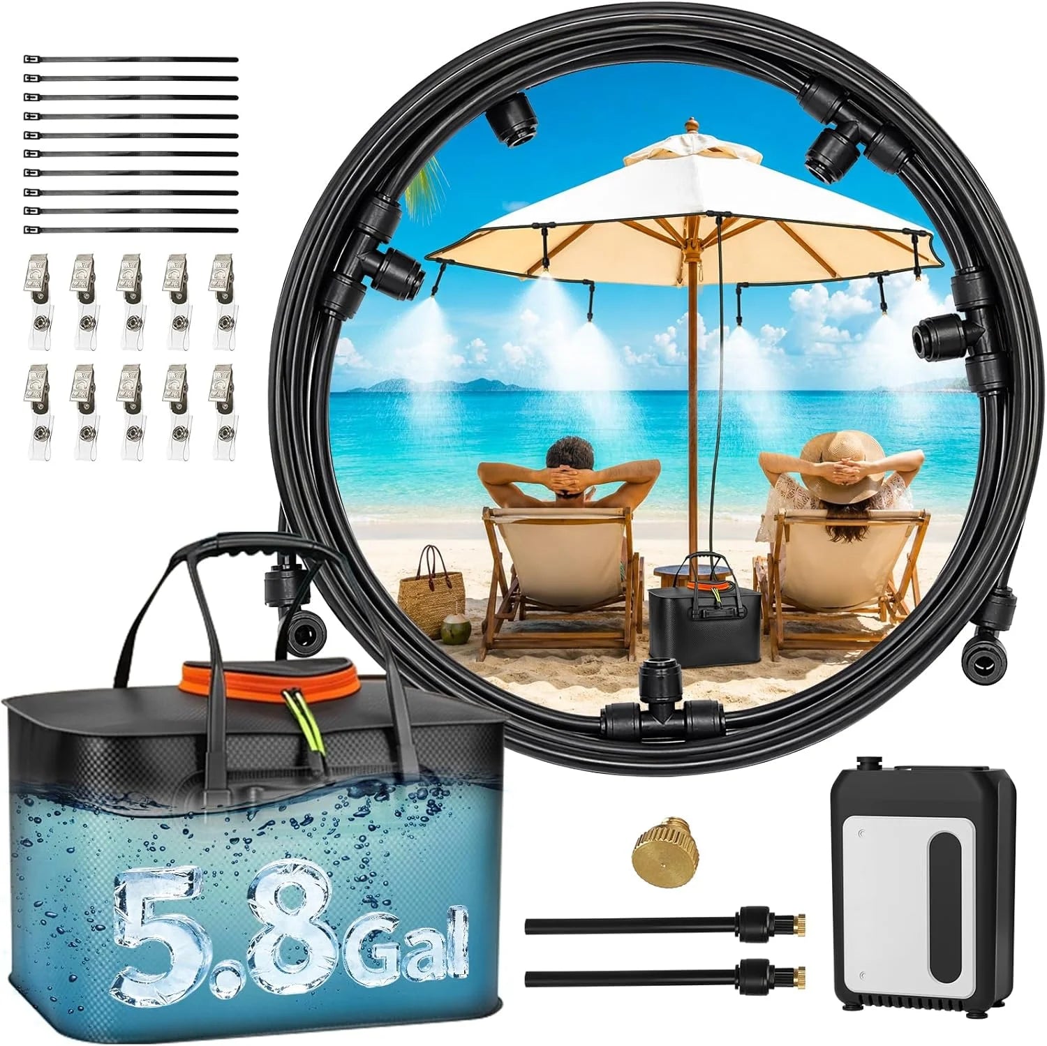 New Arrivals Portable Misting Systems, Outdoor Water Cooling Misters Set with 5200mAh Water Pump, 5.8GAL/22L Bucket