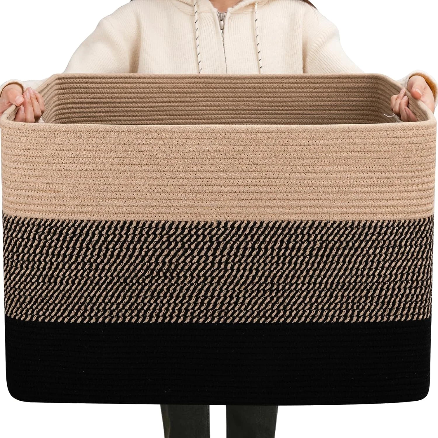 New Arrivals Blanket Basket, 25”x16”x16”(108L) Rectangle Woven Storage Baskets, Cotton Rope Basket For Living Room - Image 7