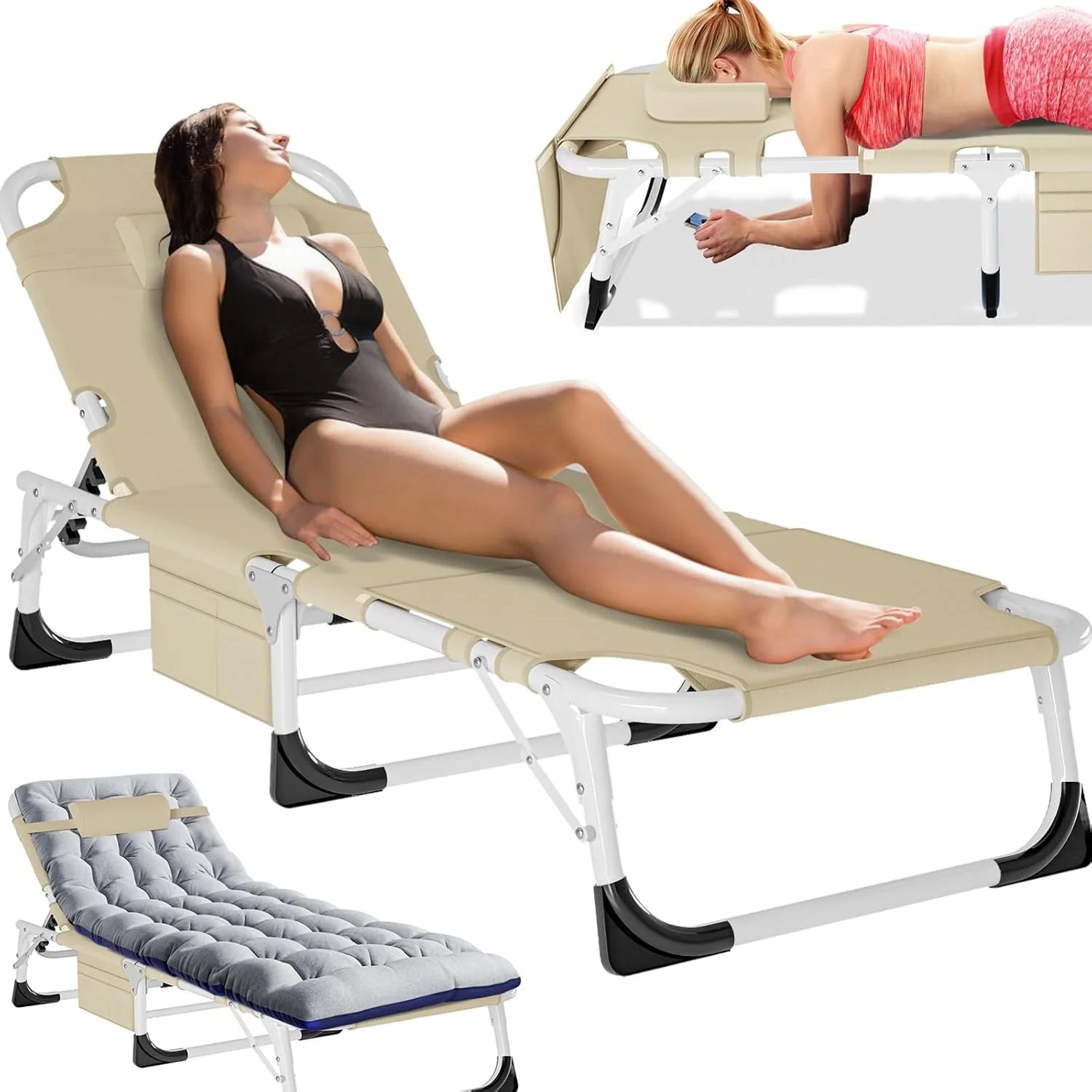 New Arrivals Folding Lounge Chair 5-Position, Folding Cot, Portable Outdoor Chaise Lounge Chair for Sun Tanning - Image 12