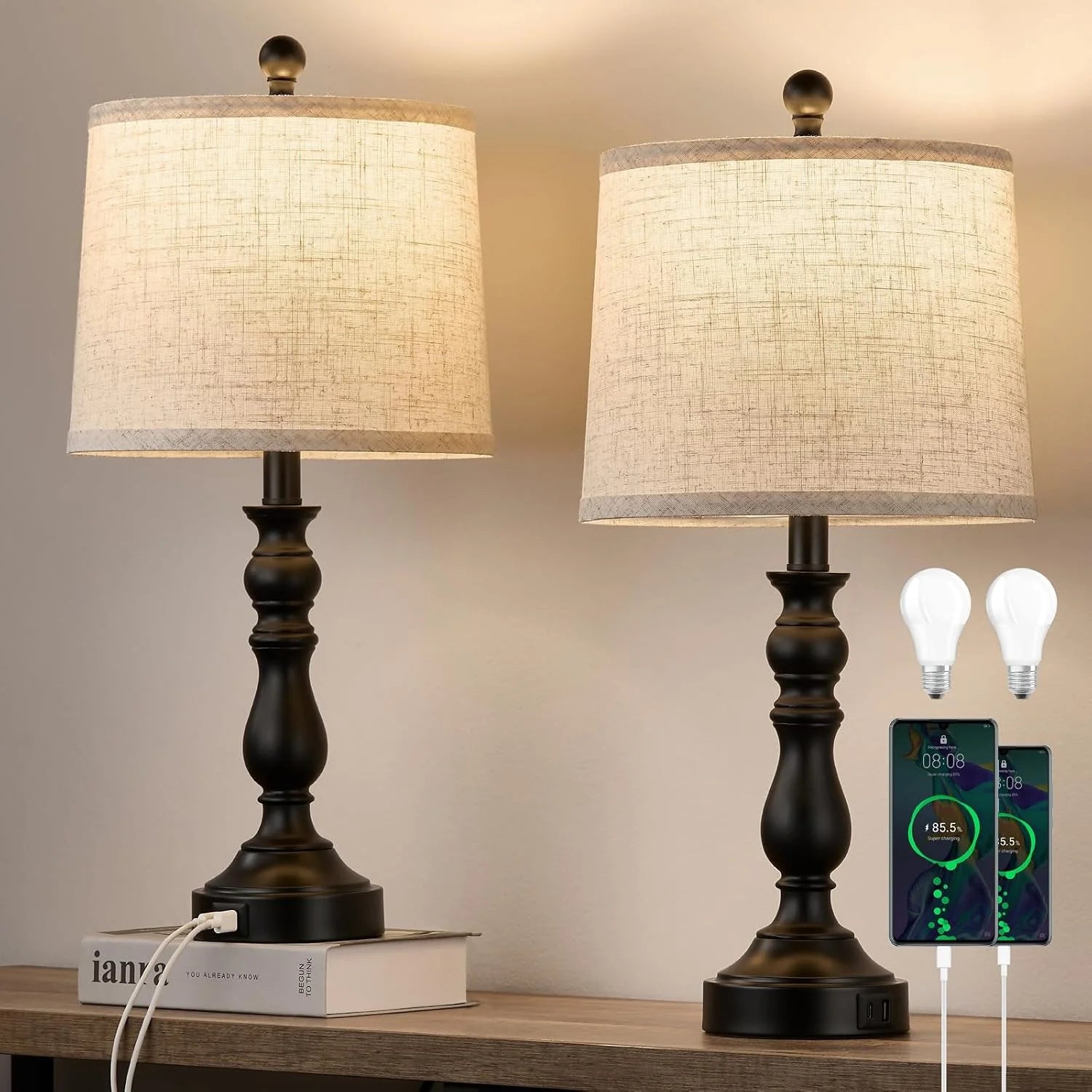 New Arrivals 23” Farmhouse Table Lamps for Living Room Set of 2 with USB C+A Ports, 3-Color Temperature, Bulb Included - Image 3