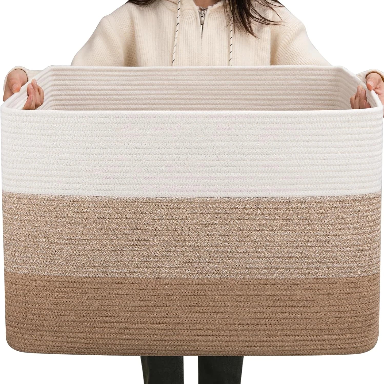 New Arrivals Blanket Basket, 25”x16”x16”(108L) Rectangle Woven Storage Baskets, Cotton Rope Basket For Living Room - Image 8