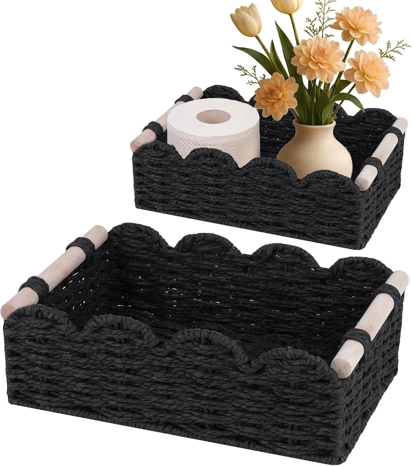 New Arrivals Storage Organizing Baskets, Set of 2 Scalloped Edge Wicker Basket with Wooden Handles Toilet Paper - Image 6