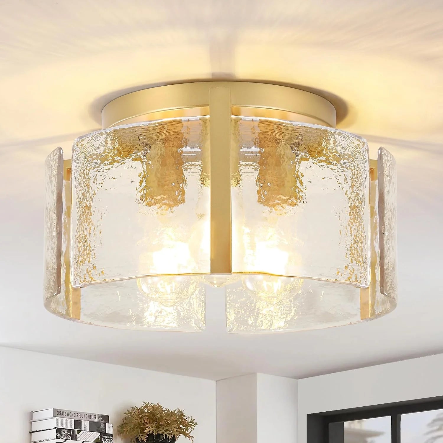 Modern Gold Semi Flush Mount Ceiling Light, Dimmable, 3-Light Farmhouse Glass Drum Light Fixture - Image 5