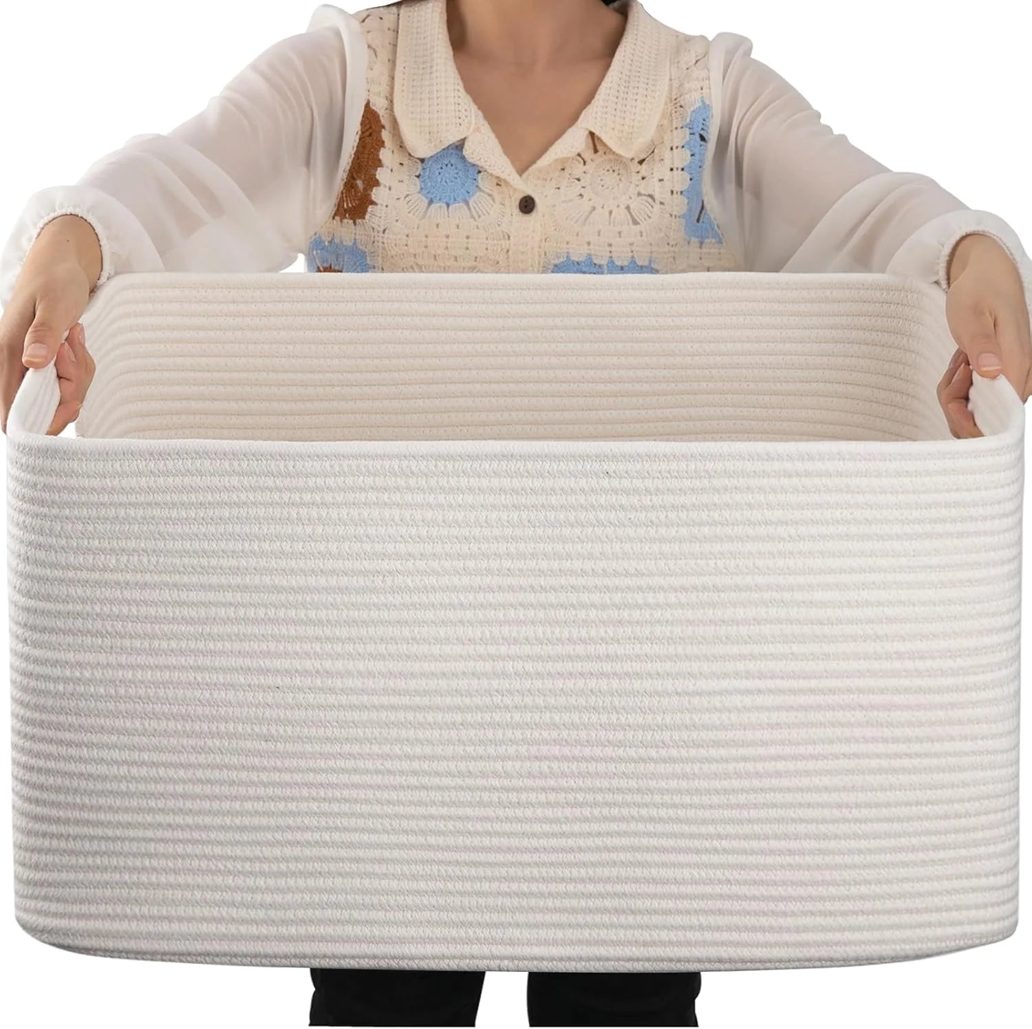 Large Blanket Basket, Storage Baskets with Handle, Rectangle Woven Cotton Rope Basket, Toy Organizer Bins, 22 x bifanuoyard - Image 8