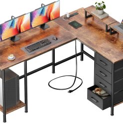 Korfile 59 inch L Shaped Computer Desk with Power Outlets, Home Office Desk with 4 Adjustable Storage Drawers & 2 bifanuoyard